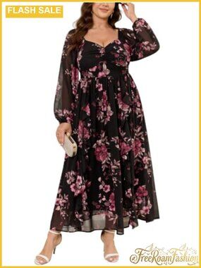 Plus Size Floral Chiffon Maxi Dress Sweetheart Long Sleeve Formal Wedding Guest